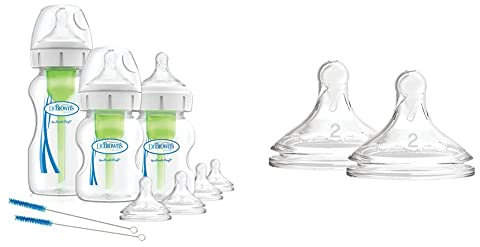 Dr. Brown's Options+ Anti Colic Baby Bottle, Wide Neck, Starter kit & Options+ Wide-Neck Bottle Teat Level 2 (3m+), Pack of 2