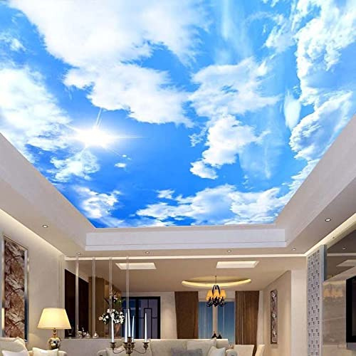 SABORR Plafond 3d papier peint PVC auto-adhésif murale bleu ciel blanc nuages soleil soleil intérieur plafond décoration sticker wall art