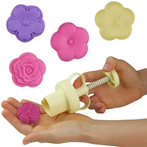 Mooncake Mold Press, Cookies and Pastries, Manual Press, Bluestar MAX Sweets Ejector, with 4 Flower-Shaped 3D Molds