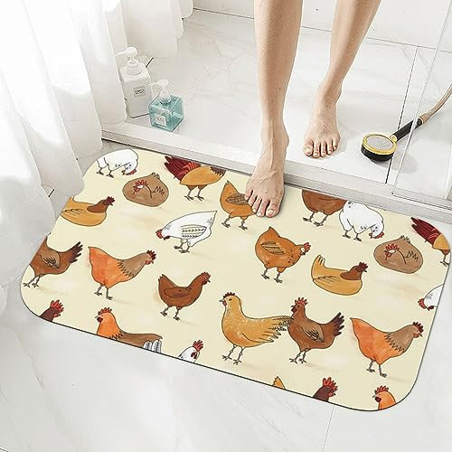 EVANEM Badematte mit Huhn-Muster, bedruckt, Kieselgur-Badewannenmatte, rutschfest, schnell trocknend, super saugfähig, Duschmatte, Badezimmerteppiche für Duschraum, Waschbecken