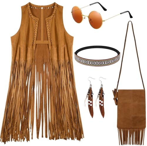 Sintege 5er Set 60er 70er Damen Hippie Kostüm Karneval Kostüm inklusive Disco Boho Fransenweste Quastentasche Stirnband Sonnenbrille Ohrringe Halskette Bohemian Outfit Accessoires für Halloween (S)