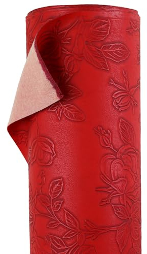A-Express blommigt fusklädertyg - Präglat PU-vinylmaterial - 140 cm (55 tum) brett - 430 GSM per meter - texturerad blomma klädseltyg, gör-det-själv hantverksblad, handväska - röd 2 meter