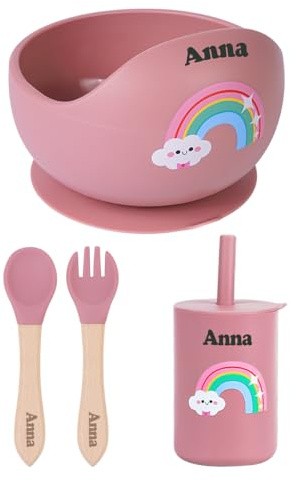 TYRY.HU Silicone Set di Stoviglie con Nome Personalizzata per Bambini, Include Ciotole,Cucchiaio e Forchetta,Tazza Set Pappa Svezzamento,Piatto per Lo Svezzamento e L'Alimentazione