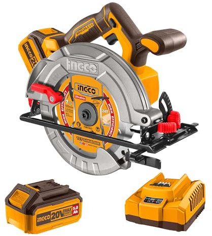 INGCO 20V Cordless Circular Saw 185mm, Brushless Electric Saw 4800 RPM, Maximum Cutting Depth 65mm with 1Pcs 5.0Ah Battery Pack, 1Pcs Fast Charger CSLI18513
