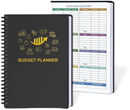 Planificateur budgétaire, organiseur de finances mensuelles non daté, carnet de suivi des dépenses avec objectifs mensuels, liste de contrôle, graphique d'analyse, format A5