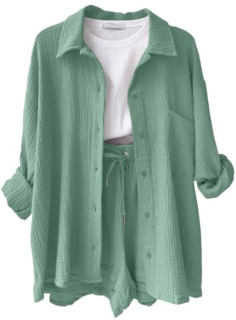CheChury Completo Donna Elegante 2 Pezzi in Lino Estivo Camicia a Maniche Lunghe e Pantaloncini Set Tuta Casual Completi Sportivo Camicie con Bottoni Pantaloncini con Coulisse Spiaggia Lavoro Vacanza