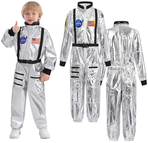 Yunlaishaocer Disfraz de astronauta para niños, Uniforme jumpsuit astronauta espacial plateado, Outfit astronauta/espacial para niñas y niños,Cosplay, Fiesta temática,Halloween y Carnaval (M)
