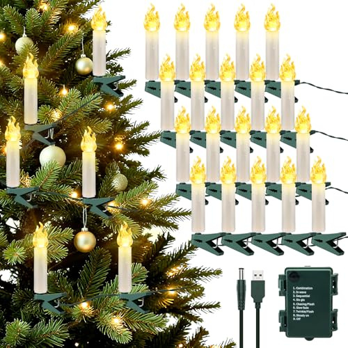 Christmas Tree Candles Lights, Cshare 10M 30LED Clip on Flameless Candle Lights USB/Battery Operated with Timer 8 Lighting Modes Waterproof for Window Fireplaces Christmas Tree Decorations, Warm White