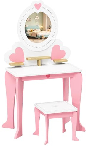 MAMIZO Toeletta per Bambini, Toeletta Trucco con Sgabello e Specchio Rimovibile, Set Tavolo Trucco 2 in 1 a Forma di Cuore, con 4PCS Gambe, Scrivania per Bambini, 50x33x91cm, Rosa