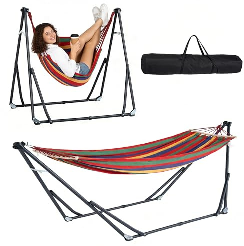 SogesGame 2-in-1 Hängematte mit Gestell,Umwandelbar zur Hängesessel,Tragbare Outdoor Hängematte Set, Belastbar bis 200kg, Mehrfach Verstellbar mit Tragetaschen für Garten,Camping&Terrasse (Rot-gelbe)