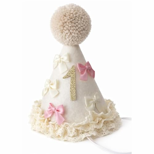 Geburtstag Hut Mädchen – Kegelhut aus Filz Stoff mit Pompon, Spitze & Schleifen, Hut zum 1. Geburtstag, Geburtstagskrone 1 Jahr, Geburtstagshut Baby, First Birthday Girl Partyhut, Geschenk für 1 Jahr