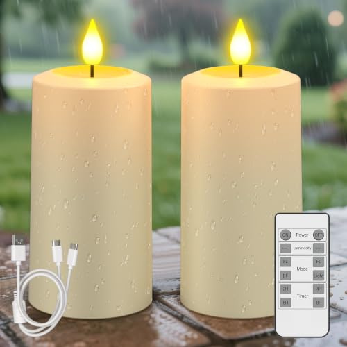 SoulBay Lot de 2 bougies LED sans flamme rechargeables avec télécommande et minuteur | Bougies piliers étanches 90-200 h - D 7 cm x H 13 cm - Pour jardin, terrasse, Halloween, décoration de chambre
