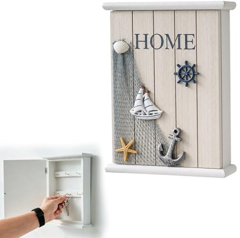 HX-pyahgtv Schlüsselkasten Holz Haus-Form, Maritimer Schlüsselschrank mit 6 Haken, Muschelnetz, Anker & Steuerrad, Wandorganizer für Eingang, Flur, Büro, Wohnzimmer