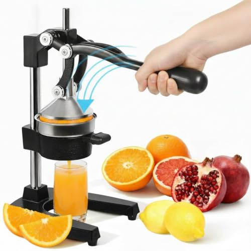 Yigowyigo Cast Iron Manual Juicer – Heavy Duty Hand Press, Easy-Clean Citrus Squeezer with Funnel & Tray for Orange, Lemon, Apple & Watermelon | 39.5 x 18 x 29 cm