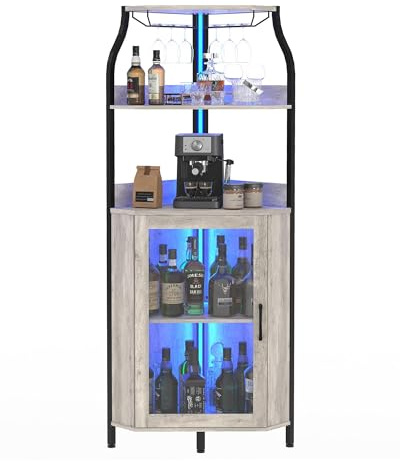 IDEALHOUSE Mueble bar curvo moderno de MDF con vitrina y puerta de vidrio, estantes ajustables, soporte para botellas y copas, iluminación LED, fácil de limpiar, compacto para salón/comedor - Color DE