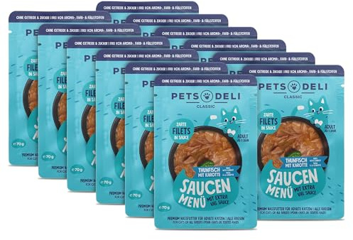 Pets Deli Saucen Menü Nassfutter für Katzen mit Thunfisch & Karotte, 12x70g | Hoher Anteil Thunfischfilet, mit Karotte für pflanzliche Ballaststoffe, getreidefrei, ohne Zucker, Premium Qualität