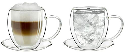 Creano Double Walled Coffee Glasses with Handle & Saucer 250ml - Insulated Cappuccino Cups - Latte Macchiato, Tea - Handmade Heat Resistant Mugs - 2 pcs (Pack of 1)