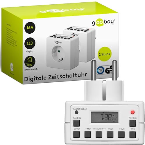 Goobay 55541 Temporizador Digital para Interiores - Silencioso - Programable - Funcionamiento Continuo Posible - 10 programas de conmutación - Batería de Reserva para 4 días - Juego de 2