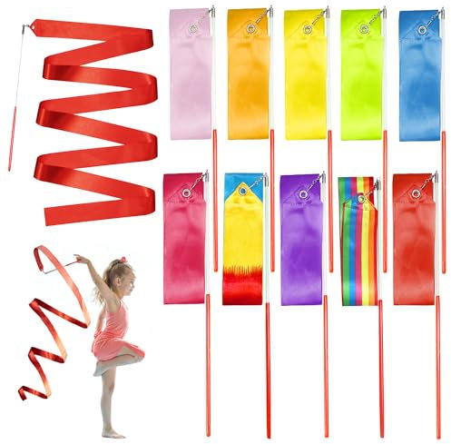 Novelty Place 10 Stück Tanzband Regenbogen Gymnastikband – 2 m Unisex Kinder Gymnastikband Stäbe – perfekte Rhythmus-Sticks für Talent-Shows, künstlerischer Tanz, Taktwirling (10 Farben)