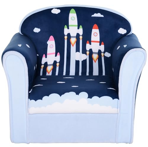 HOMCOM Children's Armchair Flannel Kids Sofa Tub Chair Cartoon Rocket Pattern Wooden Frame Bedroom Playroom Seater Blue