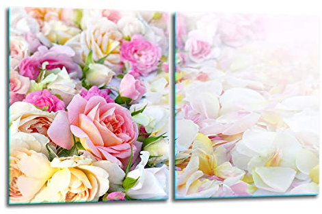 TMK | Herdabdeckplatten Set 2x40x52 cm Ceranfeld Abdeckung Glas Spritzschutz Abdeckplatte Glasplatte Herd Ceranfeldabdeckung Deko Schneidebrett Blumen