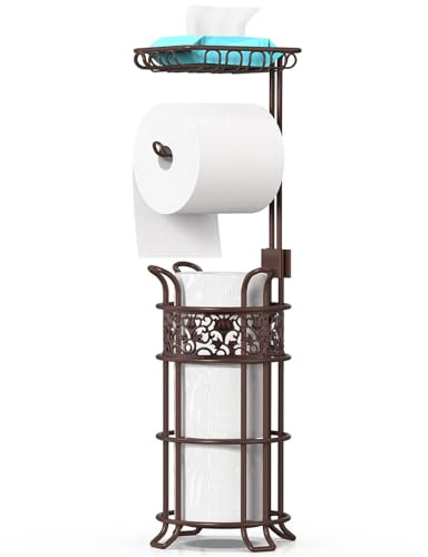 Upgraded Toilet Paper Holder Stand for Bathroom, Holds 3 Big Rolls of Jumbo Mega Paper, Top Shelf for Wipes Tissue, Sturdy Freestanding Paper Roll Dispenser, Floral Pattern, Brown Red