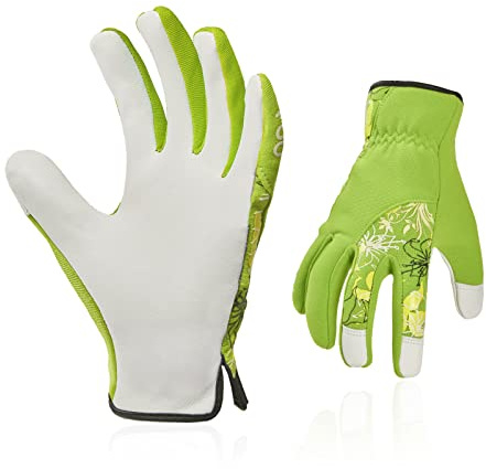 Vgo... Gants de jardinage cuir pour femmes, contre les épines, gants de travail jardinage de sécurité, protection anti-rayures,anti-abrasion(GA7444,Vert,9/L,1Paire)