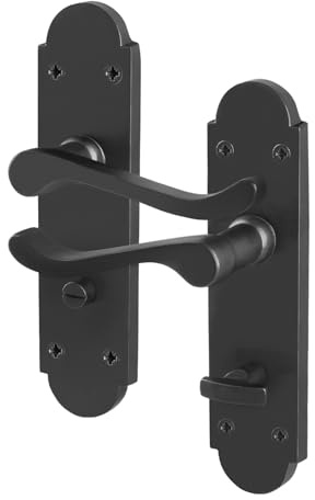 EAI Matt Black Door Handles Bathroom, 1 Pair - Victorian Scroll | 1 Pair of Victorian Scroll Lever on Backplate Internal Door Handles for Bathroom, Fixings Included