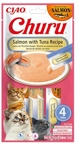 INABA Churu, Katzenleckerlis Creamy Snacks mit Lachs und Thunfisch, 56g | Püree für Tierärzte und Training, Reich an Omega 3, Vitamin E, Kollagen, Nur 12 kcal pro Tube, Gesunde Katzen Schleckies