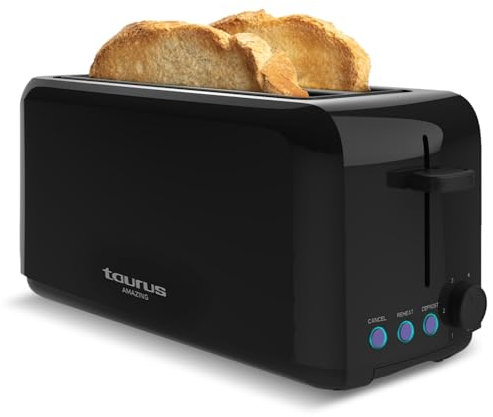 Taurus Amazing - Tostadora TO3000 1450W, 2 ranuras extra largas y extra anchas, 6 niveles tostado, 3 funciones extra, Sistema auto-centrado, Bandeja recogemigas, Base antideslizante, Negro