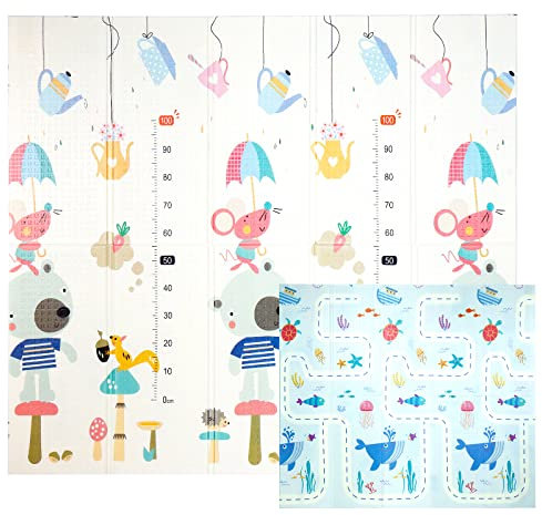 CCLIFE Tapis de Jeux Bebe Pliable Reversible Tapis éveil Bébé 196x176x1cm Impermeable Tapis Enfant Ramper,Color:Souris et poisson