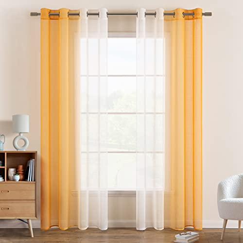 EMEMA Vorhang Zweifarbiger Vorhänge mit Ösen 2er Set Orange Voile Gardinen | Vorhang mit Ösen Transparente Polyester Ösenschal Wohnzimmer Luftig Dekoschal für Schlafzimmer B140 X H225cm