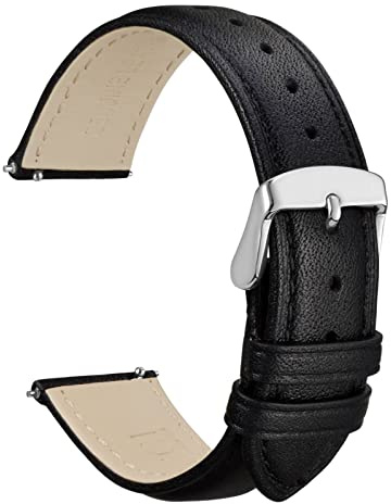 WOCCI 18mm Leather Watch Strap for Women and Men, Quick Release Band, Silver Buckle (Black)