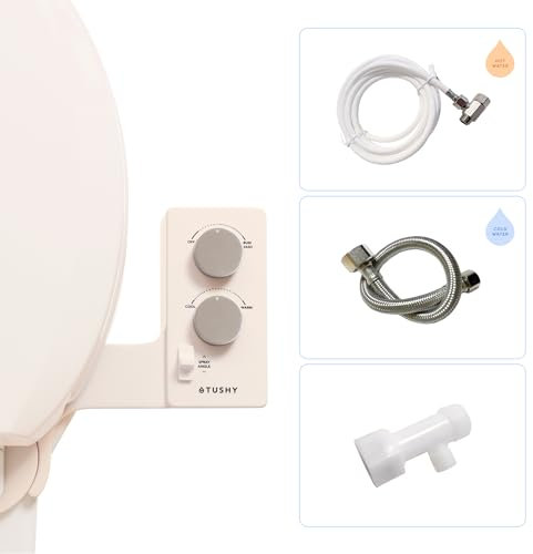 TUSHY Spa Selbstreinigender Warmwasser-WC-Bidet-Aufsatz Einstellbare Düse, Winkel & Druck Einfache Selbstmontage zu Hause, erfordert Zugang zum Waschbecken für optionale Warmwassersteuerung (Biscuit