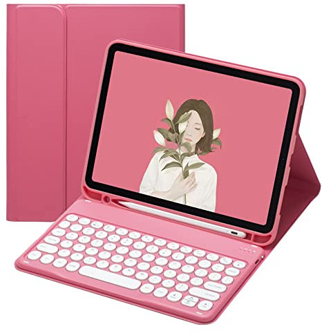 QYiiD Teclado con Funda para iPad 9.7 2018/2017, iPad Air 2/1, iPad Pro 9.7, iPad 6ª/iPad 5ª Generación, Lindo Redondo Color Teclado Bluetooth Español Funda con Cubierta Magnética, Begonia Roja