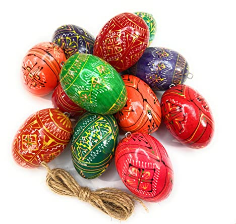 Ukrainisches Kunsthandwerk Handbemaltes Holz Osterei Traditionell Gemischt – Set mit 12 Stück – Osterdeko zum Aufhängen mit Metallöse – traditionelle Handarbeit