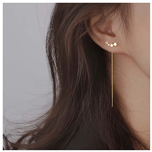 Allereya Vintage Star Threader Earrings Crystal Star Ear Climber Earrings Long Chain Earrings Gold Bar Dangle Earrings Jewelry for Women and Girls (Gold)