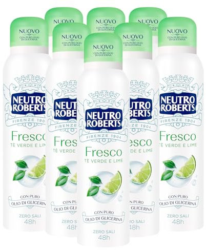 Neutro Roberts Deodorante Spray Fresco Tè Verde e Lime 48h Senza Sali di Alluminio per la Naturale Traspirazione della Pelle Formula Senza Polveri Non Lascia Macchie sui Vestiti - 8 Flaconi da 150ml