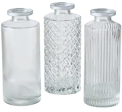 Vase im 3er Set aus Glas in Flaschenform Tischdekoration mit Relief Veredelung Für Blumen Gräser und Zweige Dekoratives Accessoires- Transparent Silber