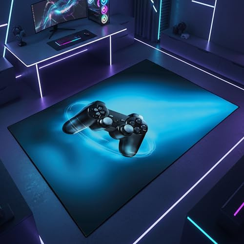 Teppich-Traum Gaming Teppich Joystick Blau Schwarz 80x150 cm | Blauer Lichtstrahl mit futuristischer Controller-Optik, rutschfest, strapazierfähig und pflegeleicht für Jugendzimmer