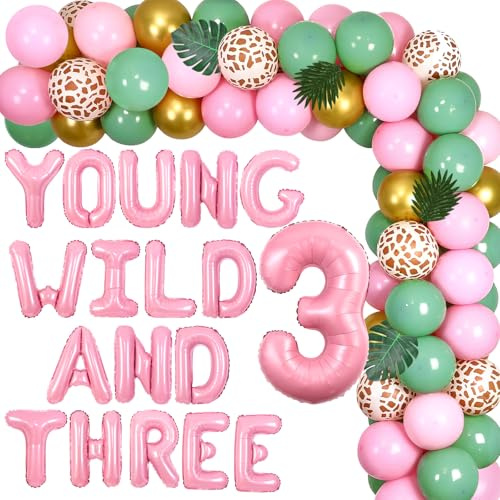 Fangleland 3. Geburtstag Dekorationen für Mädchen Safari, Junge Wilde und drei Ballonbanner Salbeigrün Rosa Ballongirlande Bogen Kit Nummer 3 Folienballon für Safari Dschungel Dritter Geburtstag Party