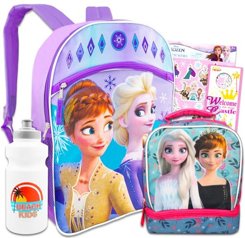 Frozen Juego de mochila y lonchera para niños – Paquete con mochila Frozen bolsa de almuerzo Frozen calcomanías, botella de agua, más | Mochila de Frozen de Disney para niñas de 4 a 6 años, Varios