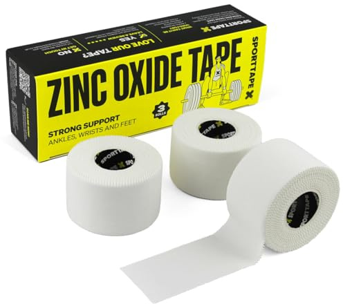 3 Rollos SPORTTAPE Cinta de Óxido de Zinc 3,8 cm x 10 m – Tape Deportivo Rígido para Tobillo, Muñeca y Pierna – Soporte Articular y Prevención de Ampollas para Rugby, Boxeo y Fútbol