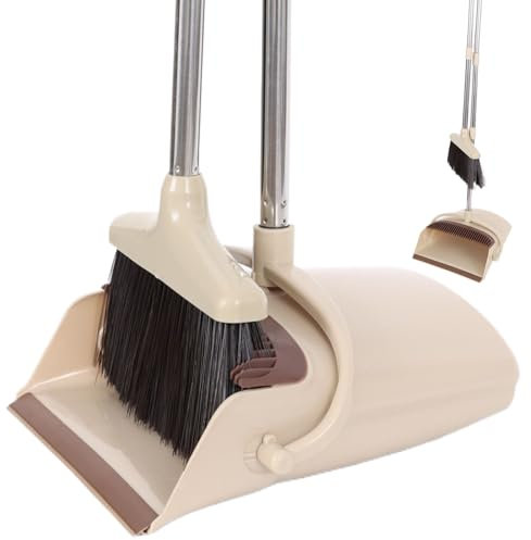 Long Handled Dustpan and Brush, Broom and Dustpan Set with Comb Teeth, Household Dust pan Combo for Indoor Outdoor Household Cleaning and Sweeping (khaki)