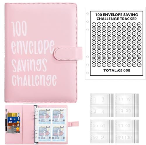Konesky 100 Umschläge Geld Spar-Challenge, 100 Umschläge Challenge-Ordner, A5-Geldspar Ordner mit Geldumschlägen, Sparen Sie 5.050 € Budgetplaner, Homeschool-Geldsparbuch (Rosa)