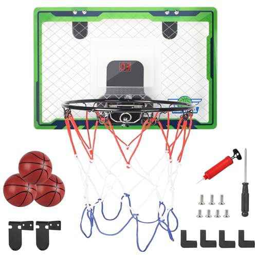 DBREAKS Mini Basketballkorb mit Elektronische Anzeigetafel und Licht, Indoor Hoop Basketballkorb für Kinder, Basketballkörbe Tür mit 3 Bällen, Wandmontage Basketball Reifen fürs Zimmer, ab 3+ (Grün)