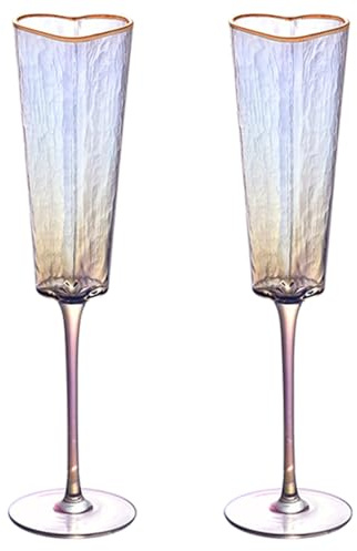 LEYILE 1Pair Elegant Heart Shape Champagne Flute Goblet Gold Rimmed High Stem Glass Cup Wine Drinking Glass for Parties
