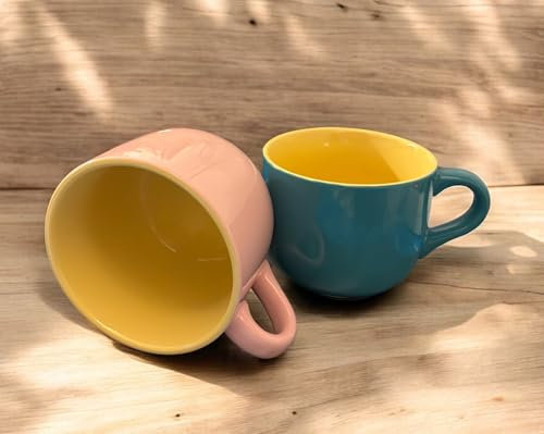 MIELIMON Set de 2 tazas desayuno Tazones De Sopa De Cerámica Taza De Café Grande, Tazas De Sopa Con Asa Apto Para Microondas Y Lavavajillas Para Cereal Postre Ensalada Té Leche de 600ml (verde/rosa)