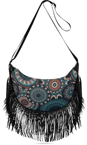GAIREG Bunte Fransen-Tasche, Crossbody-Tasche, Quaste, Crossbody-Tasche, Western-Geldbörse, Crossbody-Tasche, Cowgirl-Tasche, Mandala Grün Blau Dunkel