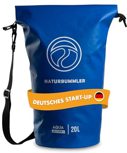 NATURBUMMLER Dry Bag 20L [Aqua Secure+] 100 % wasserdichte Tasche mit Schultergurt & Rucksackfunktion – wasserfester Packsack für SUP, Angeln, Camping & Outdoor – Drybag Beutel (Marineblau)